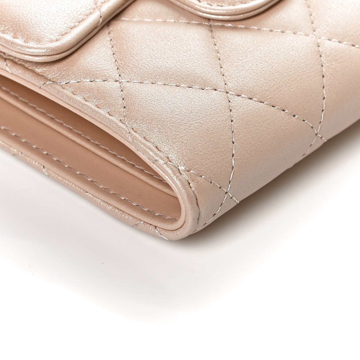 Iridescent Calfskin Quilted Compact Flap Wallet Beige