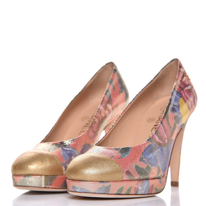 Chanel Crepe Calfskin Floral Printed Metallic Calfskin Pumps 35.5 Corail Gold 4 of 9