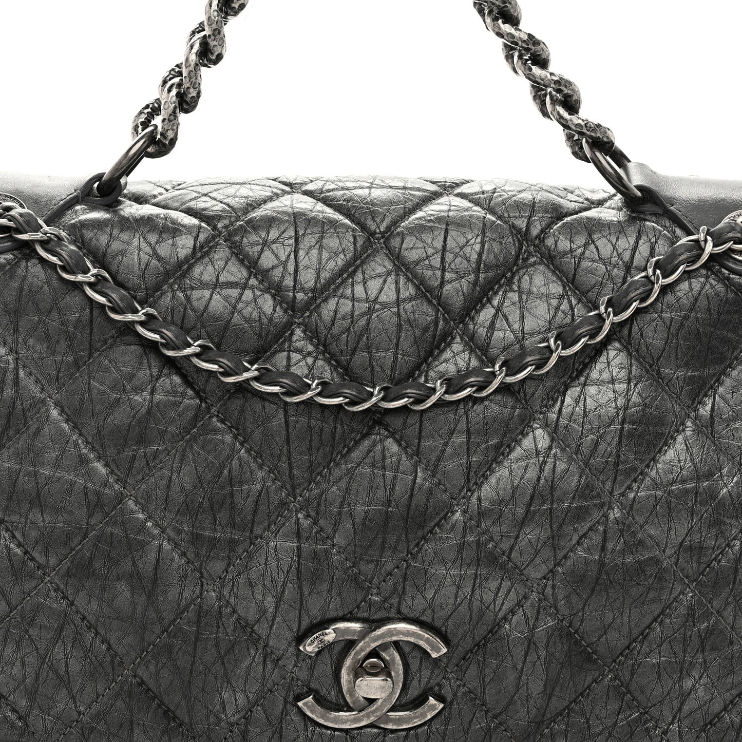 Aged Calfskin Quilted Medium Pondichery Flap Dark Grey