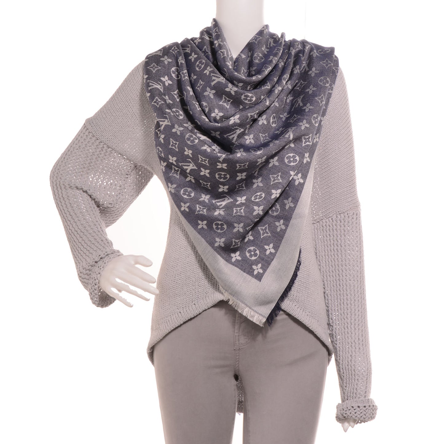 Silk Wool Monogram Denim Shawl Blue