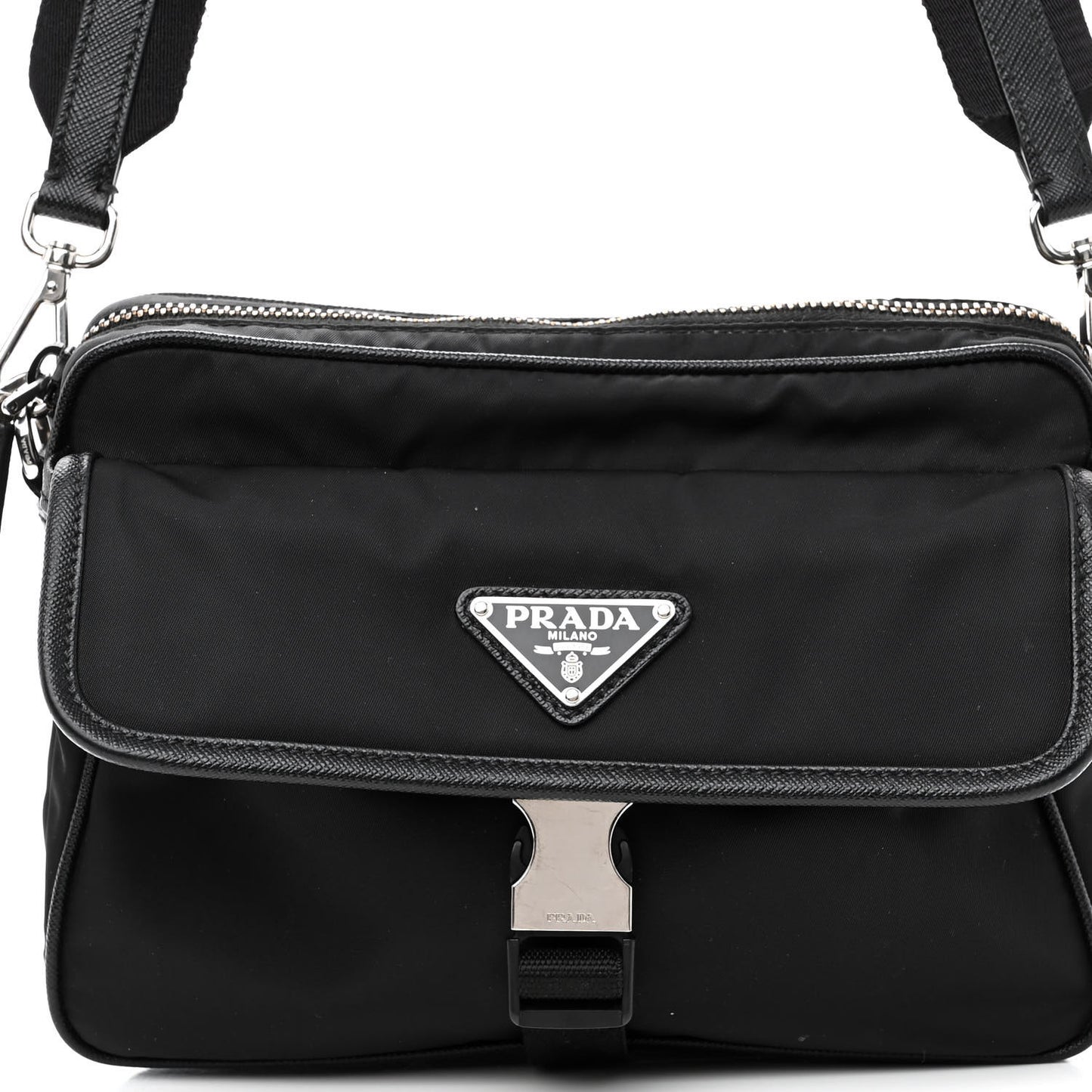 Re-Nylon Saffiano Pocket Single Snap Buckle Shoulder Bag Black