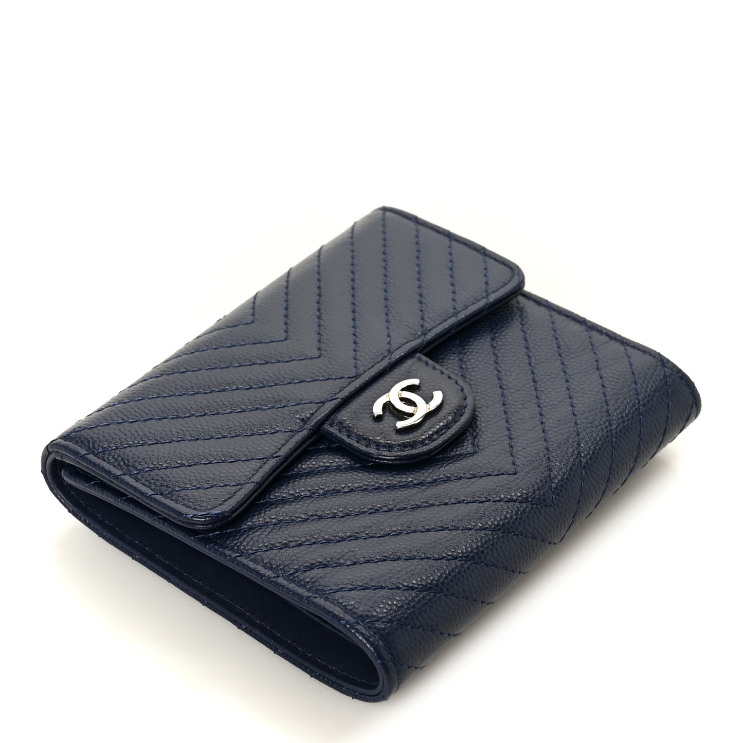 Caviar Chevron Quilted Compact Flap Wallet Navy
