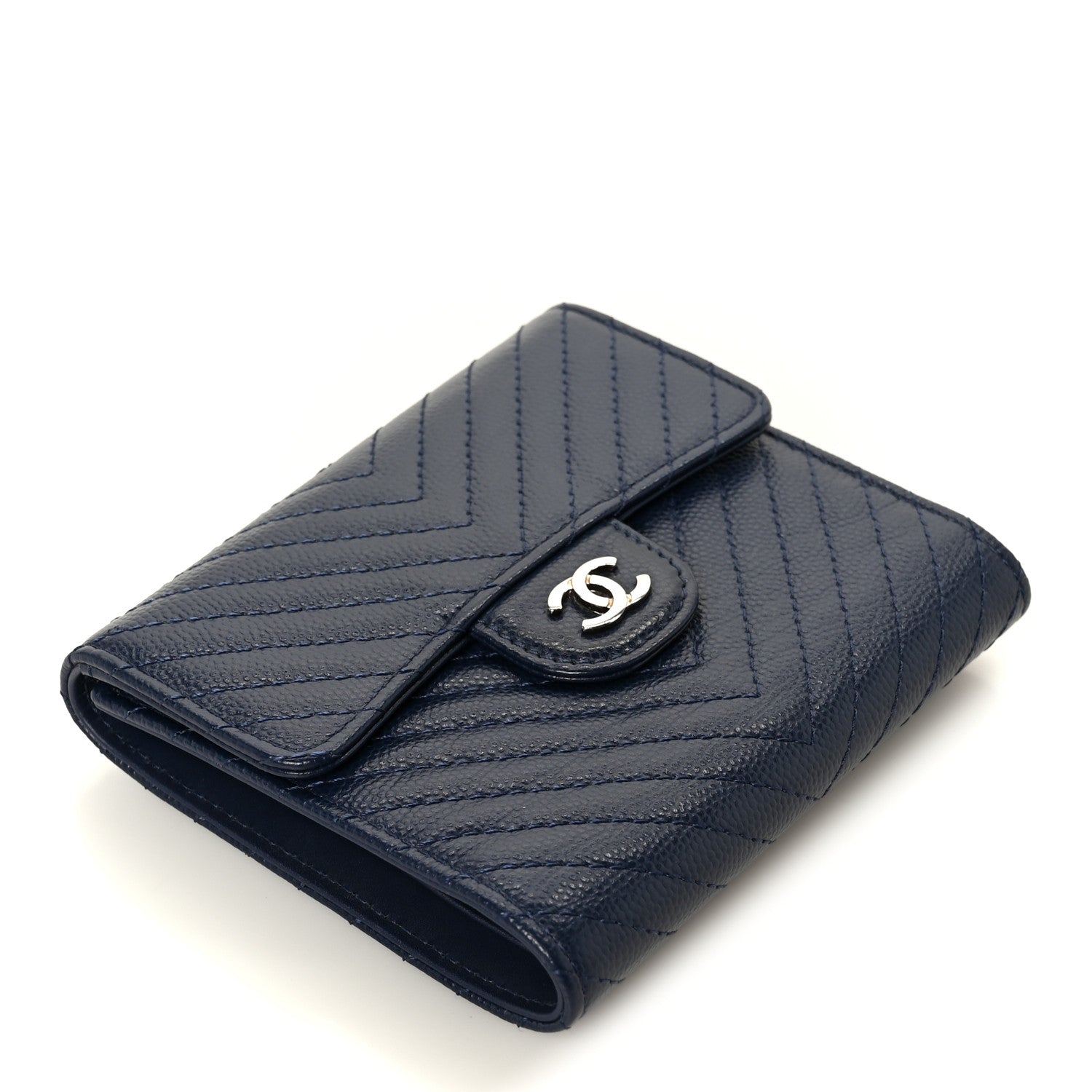 Chanel Caviar Chevron Quilted Compact Flap Wallet Navy 4 of 11