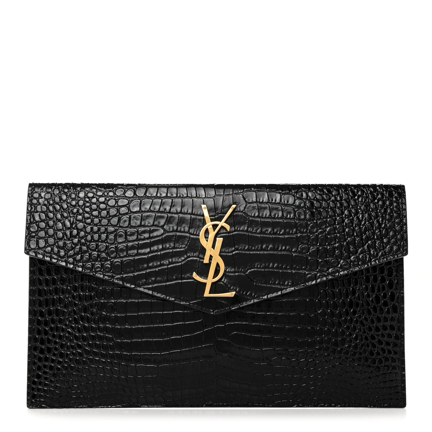 Calfskin Crocodile Embossed Uptown Monogram Clutch Black