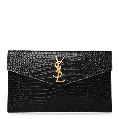 Saint Laurent Calfskin Crocodile Embossed Uptown Monogram Clutch Black 1 of 7