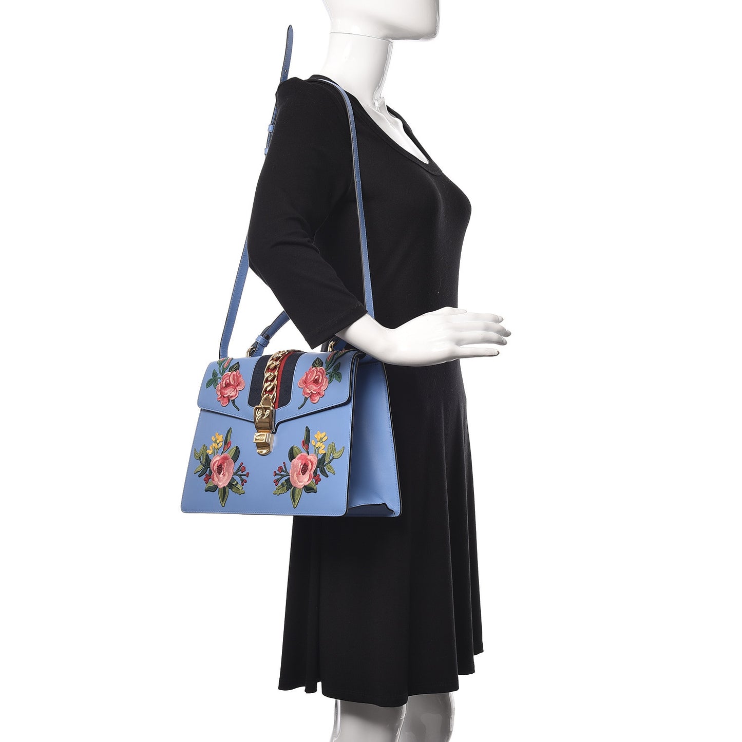 Calfskin Embroidered Medium Sylvie Top Handle Bag Clear Sky Blue