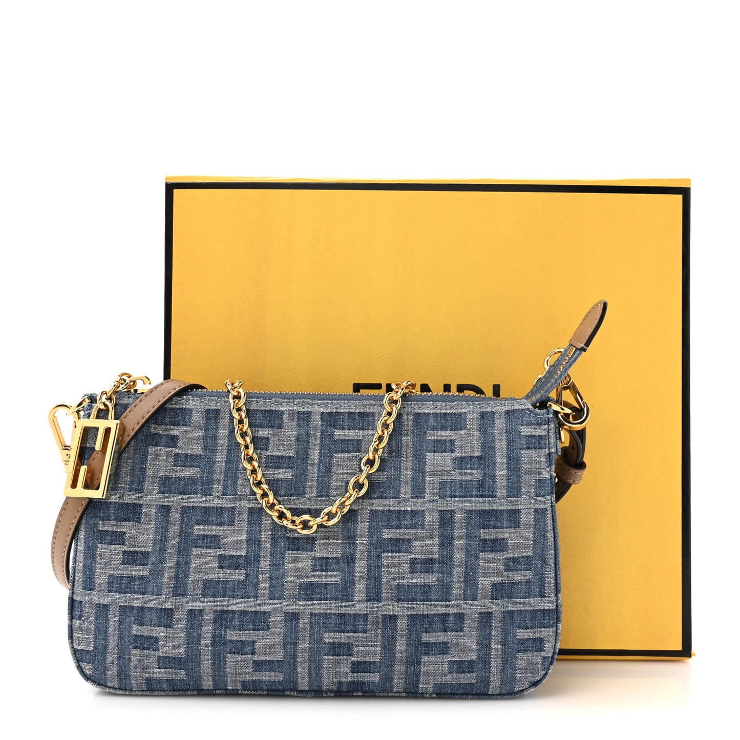 Denim Vitello King F is Fendi FF Embroidered Baguette Pouch Denim Sand