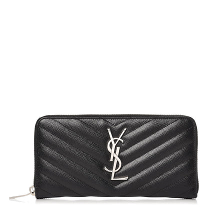 Saint Laurent Grain De Poudre Matelasse Chevron Monogram Zip Around Wallet Black 1 of 7