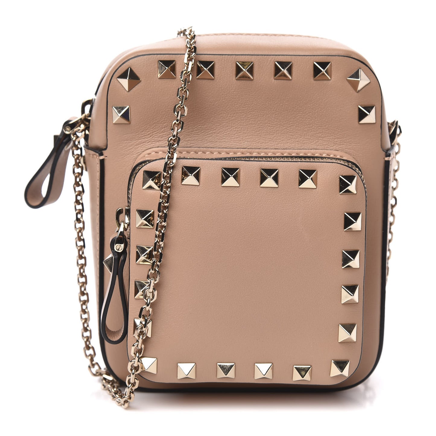 Calfskin Rockstud Double Pocket Chain Crossbody Bag Soft Noisette
