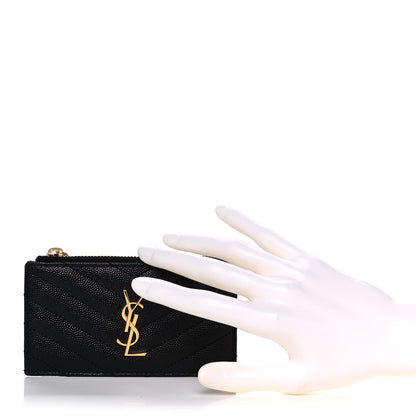 Saint Laurent Grain De Poudre Matelasse Chevron Monogram Fragments Zippered Card Case Black 2 of 9