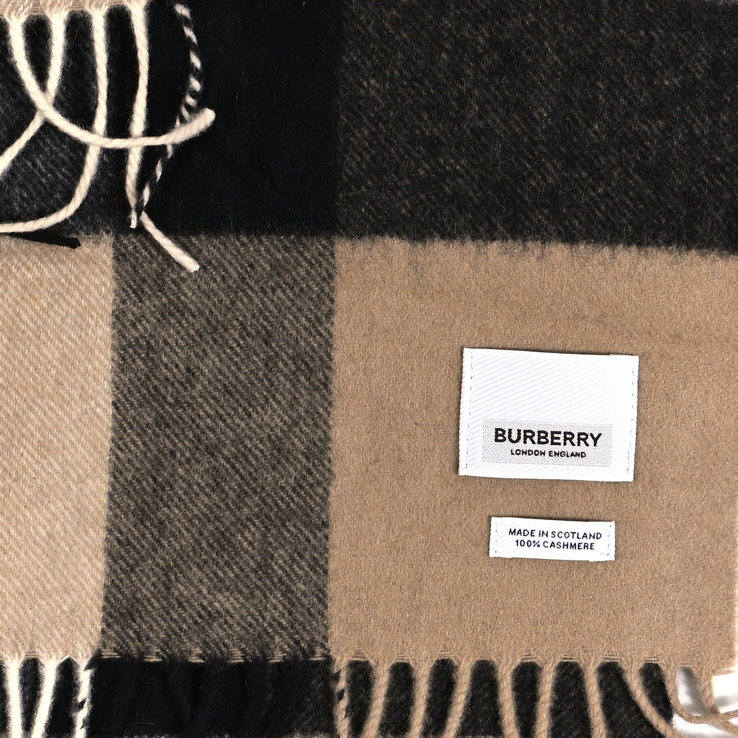 Cashmere Giant Check Fringe Scarf Camel