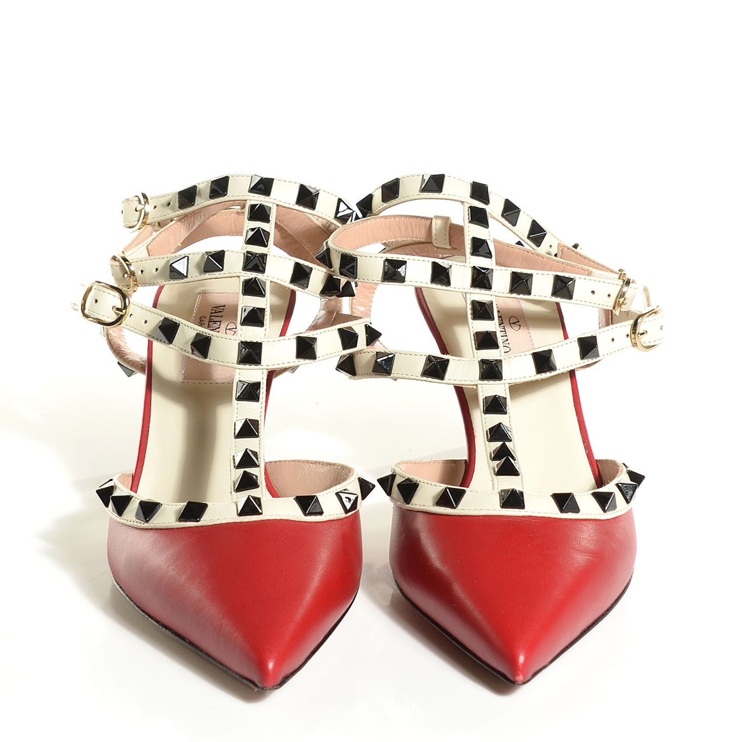 Nappa Rockstud Ankle Strap Low Heel Pumps 37 Red Ivory