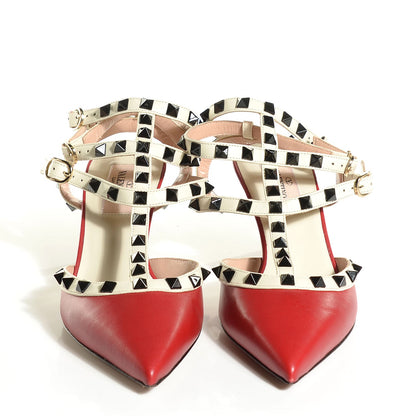 Valentino Garavani Nappa Rockstud Ankle Strap Low Heel Pumps 37 Red Ivory 2 of 7