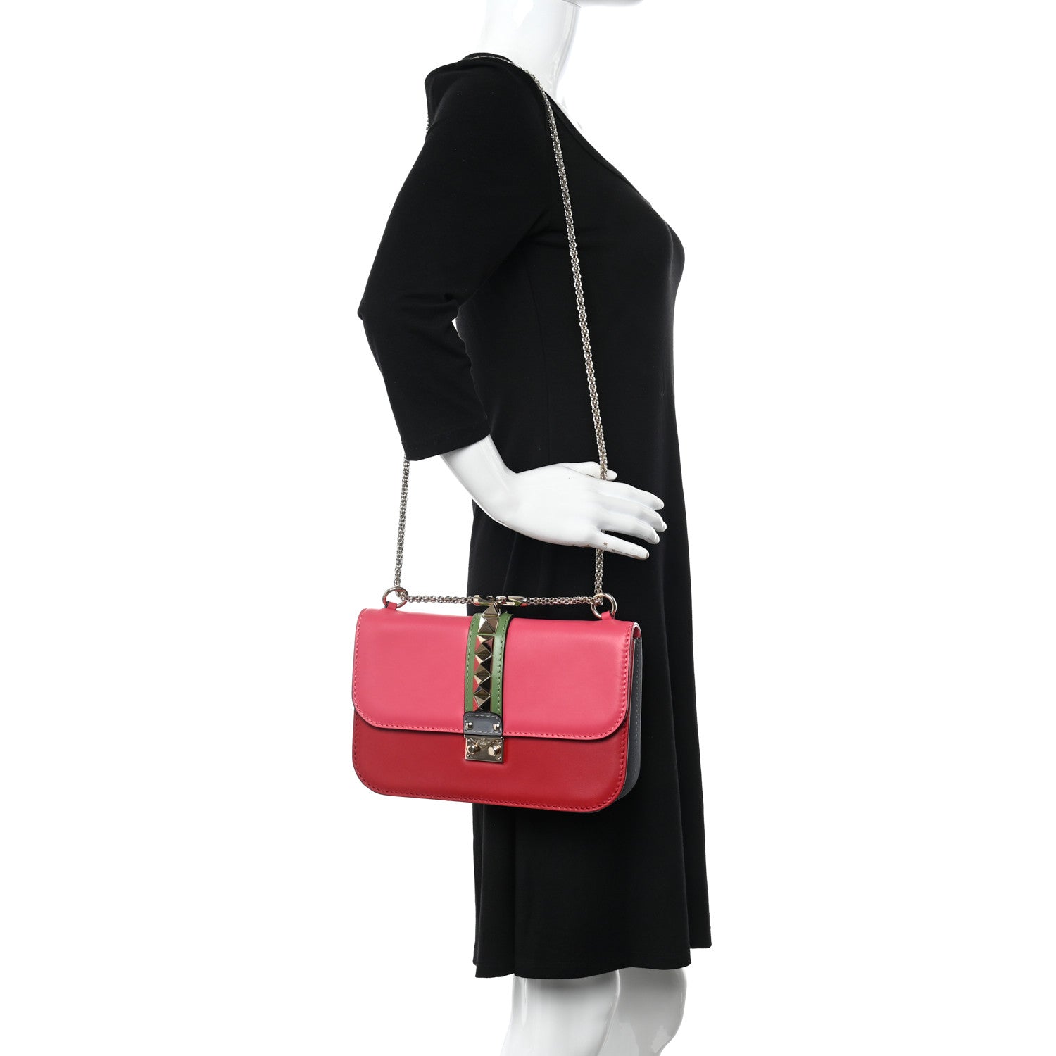 Valentino Garavani Vitello Medium Glam Lock Rockstud Flap Deep Rose Scarlet Grey Green 2 of 10