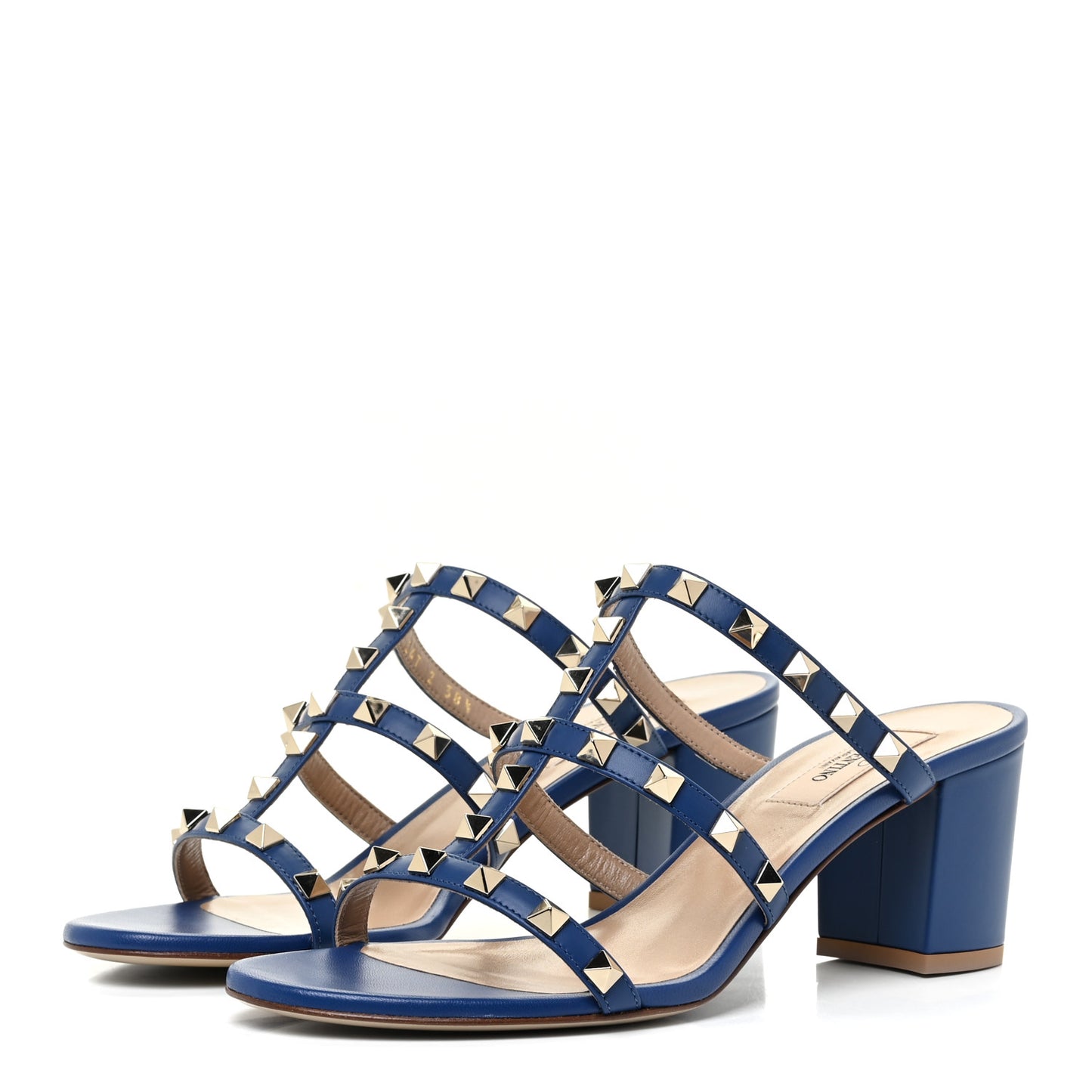 Calfskin Rockstud 60mm Caged Slide Sandals 38.5 Blu Delft