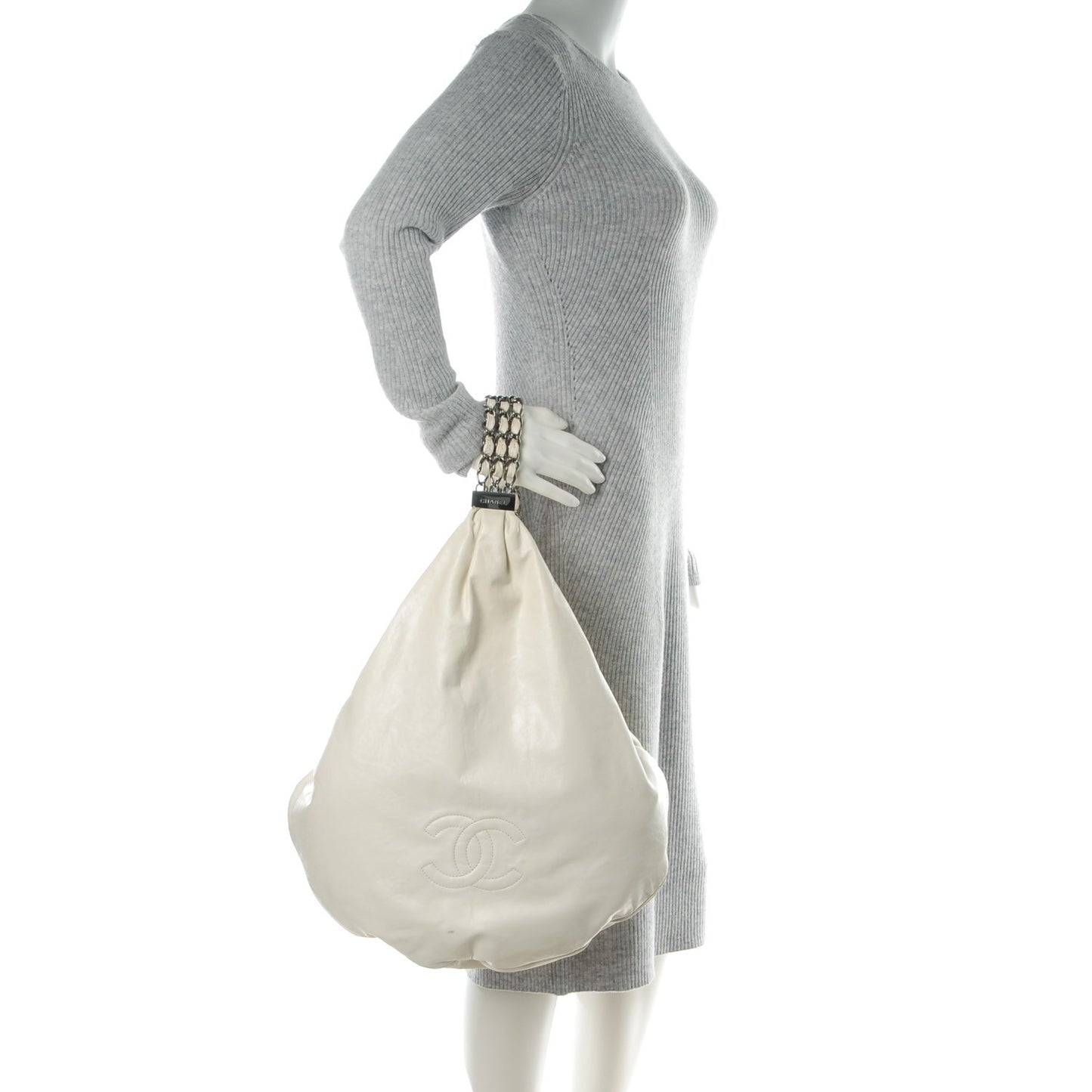 Lambskin Large Rock and Chain Hobo White