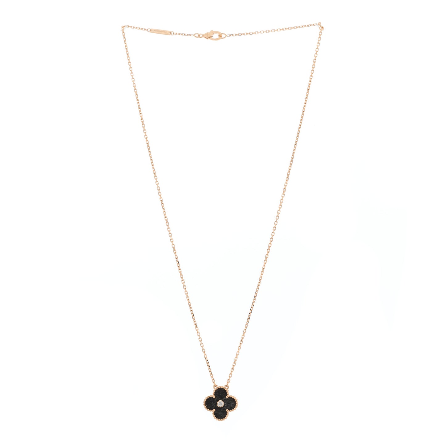 18K Rose Gold Diamond Silver Obsidian Vintage Alhambra Pendant Necklace