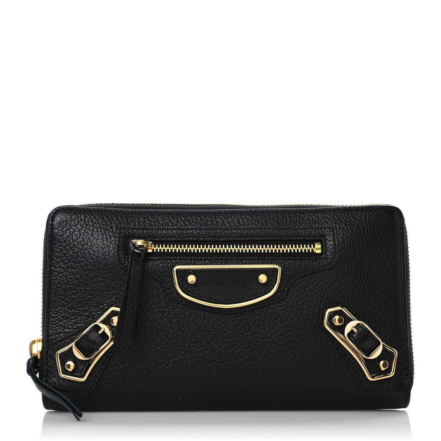Chevre Gold Metallic Edge Hardware Zip Around Wallet Black