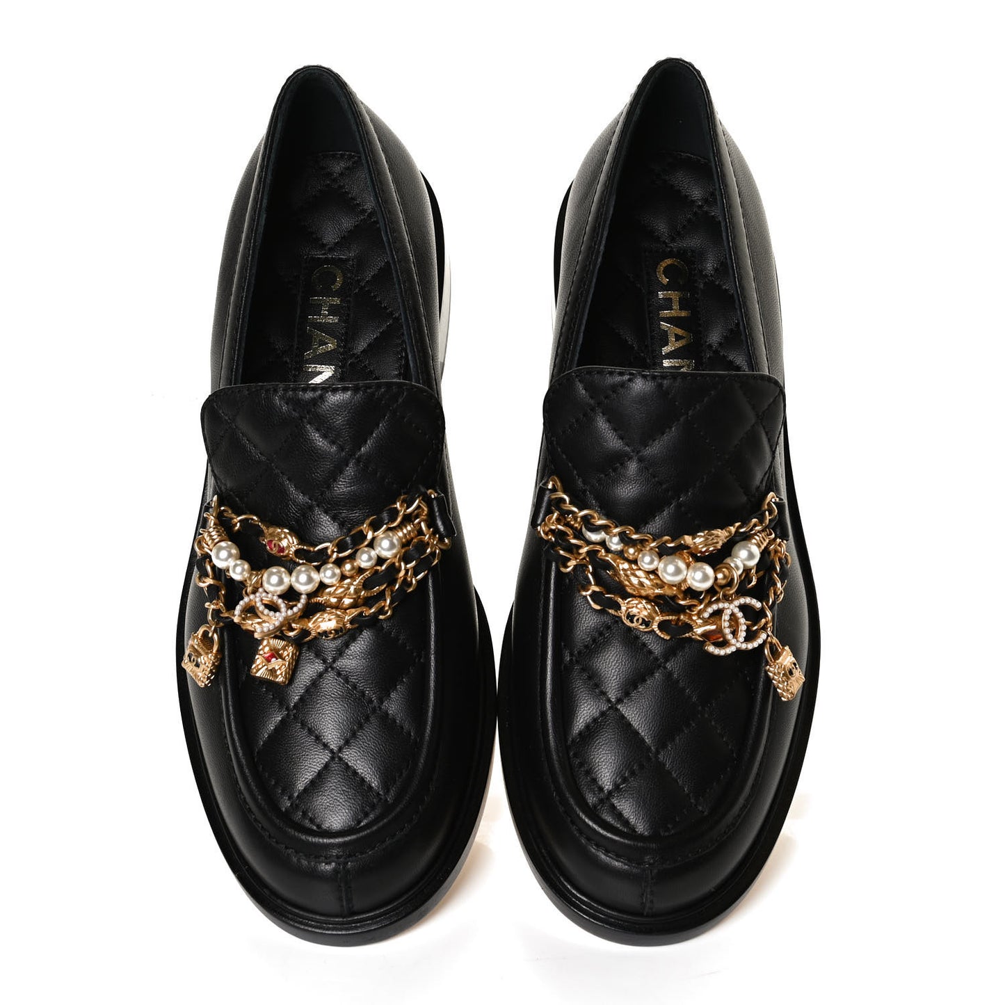 Lambskin Pearl Crystal Quilted CC Logo Jewelry Loafers 38 Black