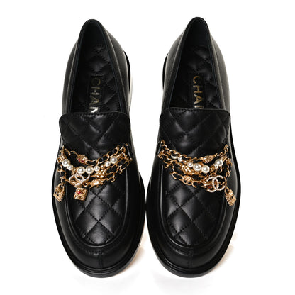 Chanel Lambskin Pearl Crystal Quilted CC Logo Jewelry Loafers 38 Black 5 of 11