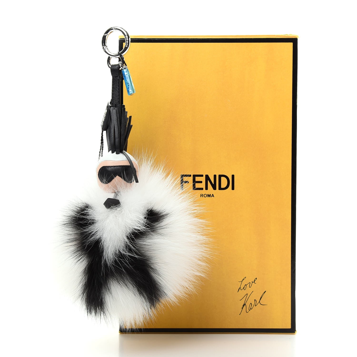 Fendi Lambskin Fox Fur Super Karlito Pom Pom Bag Charm Black White 3 of 3