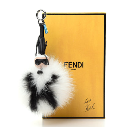 Fendi Lambskin Fox Fur Super Karlito Pom Pom Bag Charm Black White 3 of 3