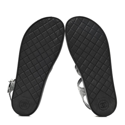 Chanel Tweed Grosgrain Pearl Platform Sandals 37.5 Black 4 of 4
