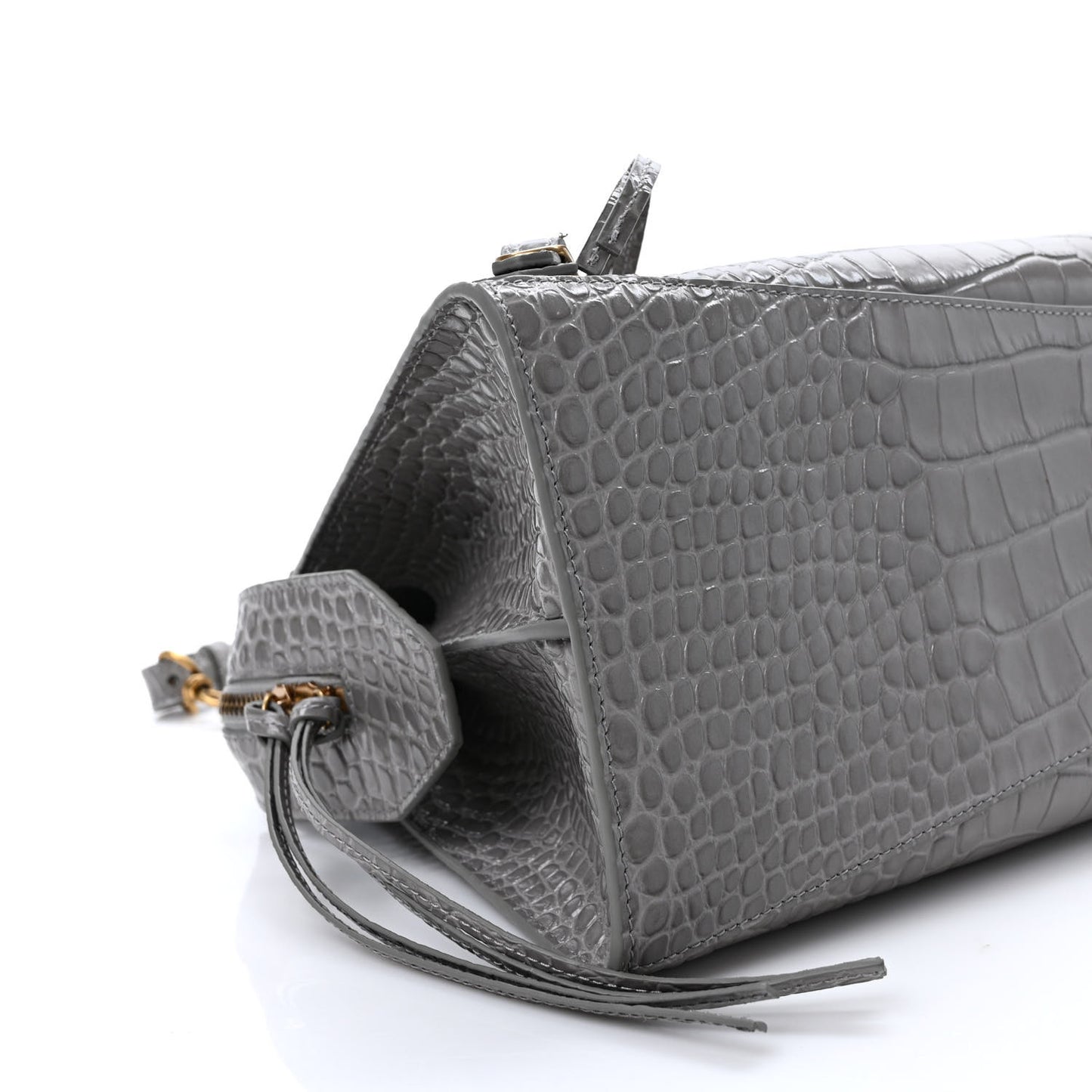 Shiny Supple Calfskin Crocodile Embossed Brass Hardware Neo Classic City Steel Grey