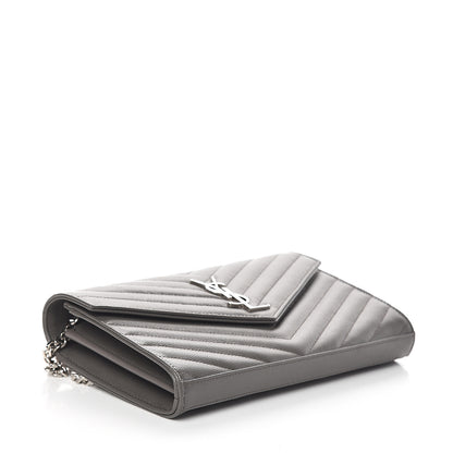 Saint Laurent Grain De Poudre Matelasse Chevron Monogram Chain Wallet Fog 3 of 6
