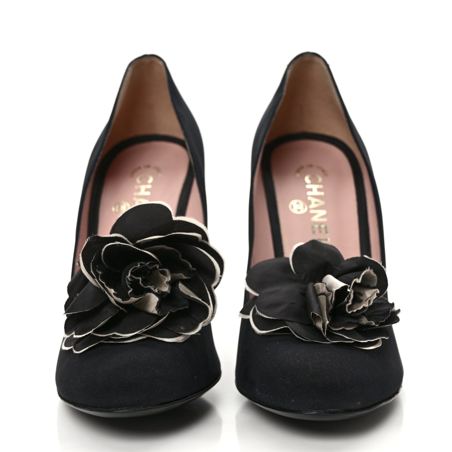 Satin Camelia Block Heels Pumps 41 Black