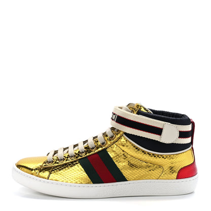 Gucci Metallic Ayers Web Womens New Ace Stripe High Top Sneakers 37.5 Oro 1 of 11