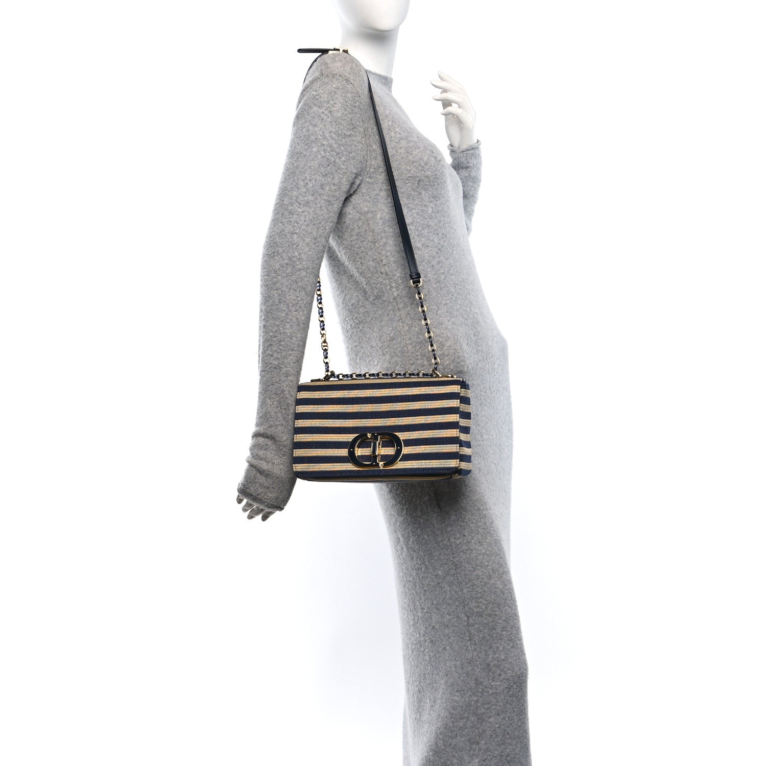 Christian Dior Canvas Striped Cannage Medium Caro Bag Beige Navy 2 of 11
