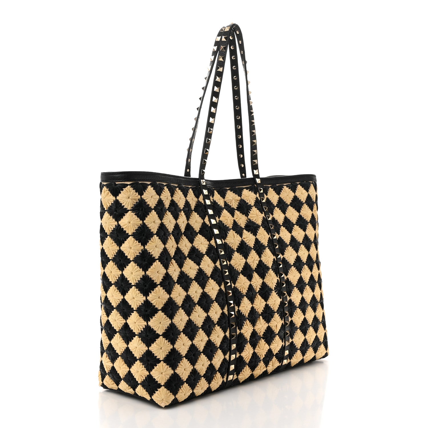 Valentino Garavani Raffia Embroidered Checkered Calfskin Rockstud Shopping Tote Natural Black 4 of 10