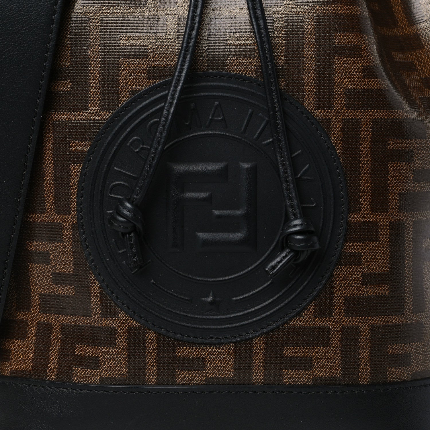 Fendi Glazed Fabric Vitello Grace F is Fendi FF 1974 Stamp Patch Grande Mon Tresor Bucket Bag Mogano Panna Black 8 of 11