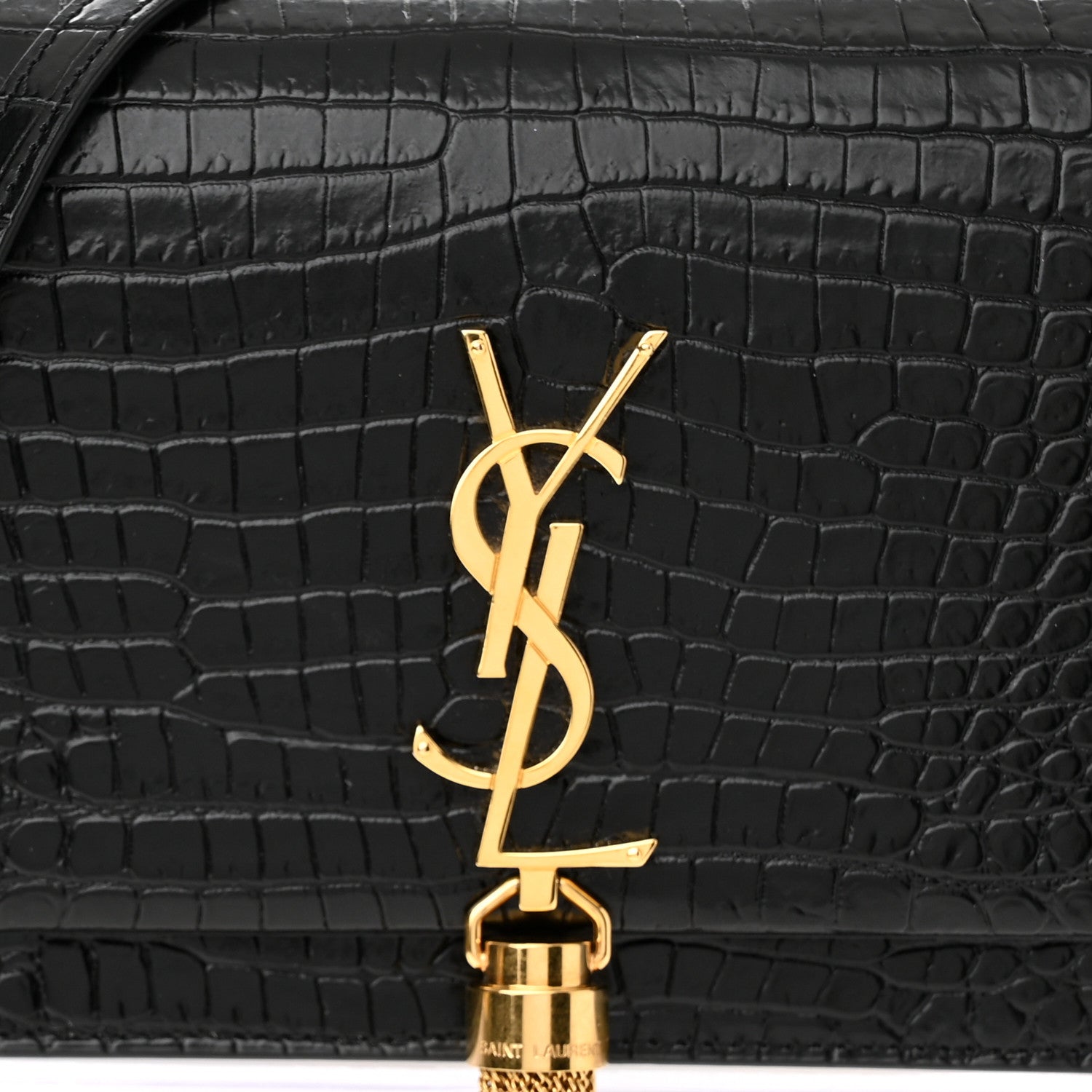 Saint Laurent Calfskin Crocodile Embossed Kate Monogram Tassel Chain Wallet Black 7 of 9