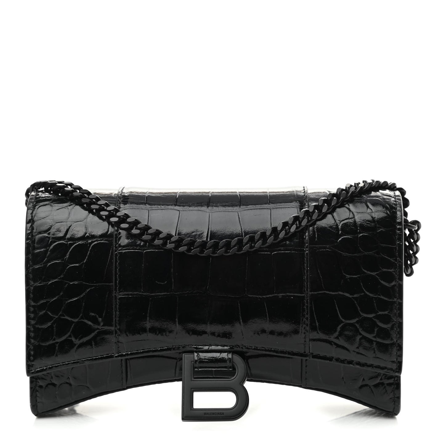 Shiny Calfskin Monochrome Crocodile Embossed Hourglass Chain Bag Black