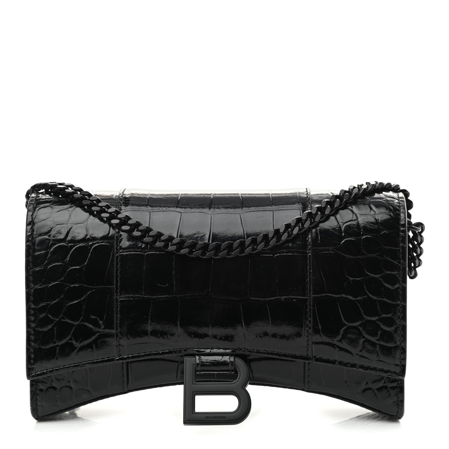Balenciaga Shiny Calfskin Monochrome Crocodile Embossed Hourglass Chain Bag Black 1 of 9