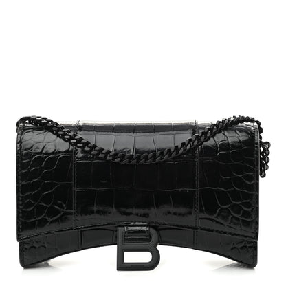 Balenciaga Shiny Calfskin Monochrome Crocodile Embossed Hourglass Chain Bag Black 1 of 9