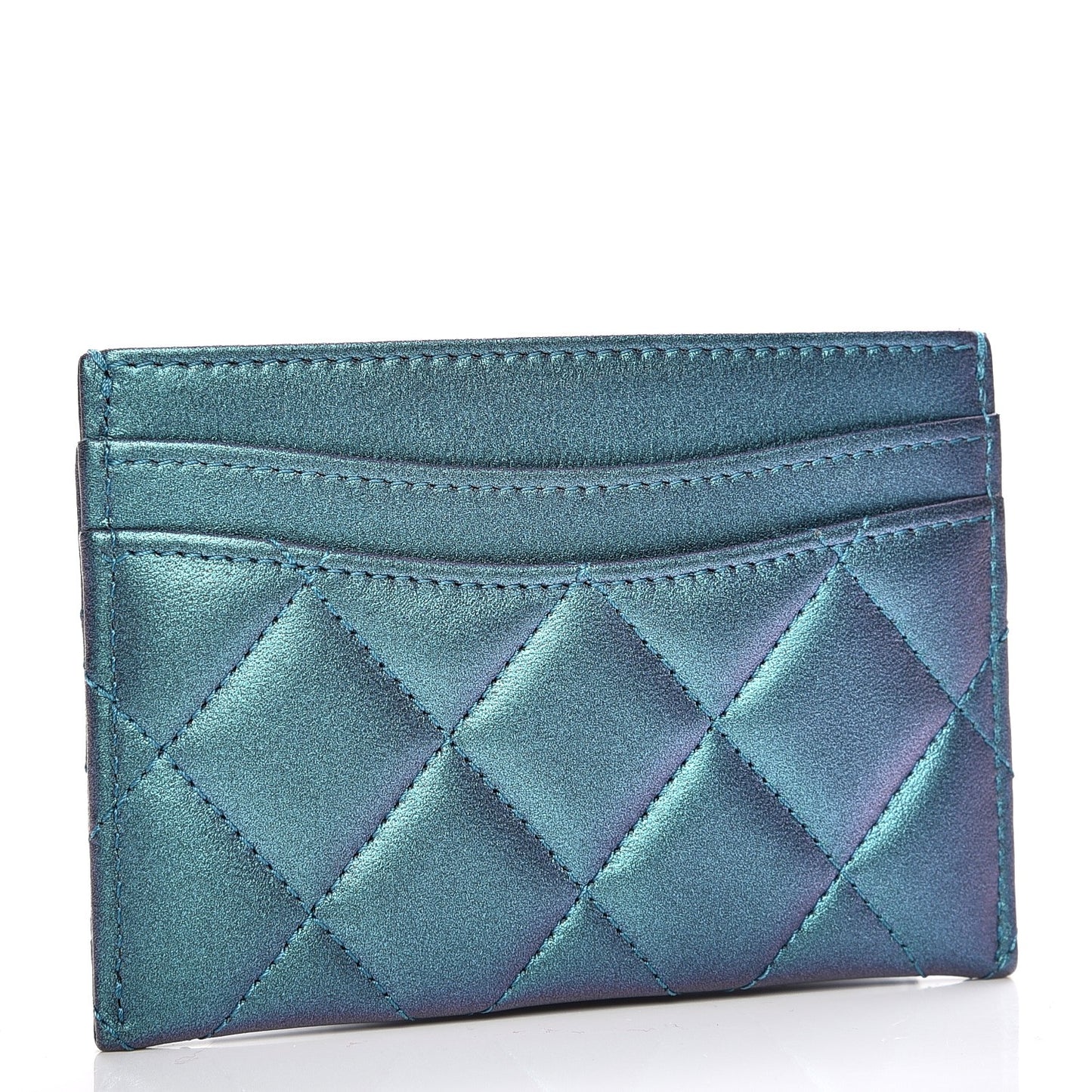Metallic Lambskin Quilted Card Holder Turquoise