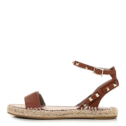 Valentino Garavani Grained Calfskin Rockstud Ankle Strap Espadrille Flat Sandals 39 Cuoio 1 of 6