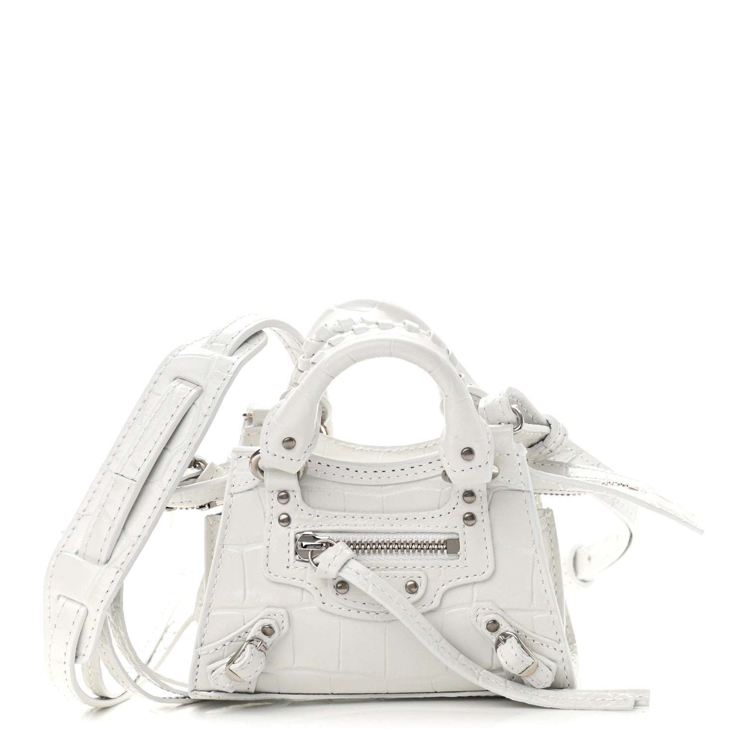 Balenciaga Extra Supple Calfskin Crocodile Embossed Neo Classic Silver Hardware Super Nano City Crossbody White 1 of 9