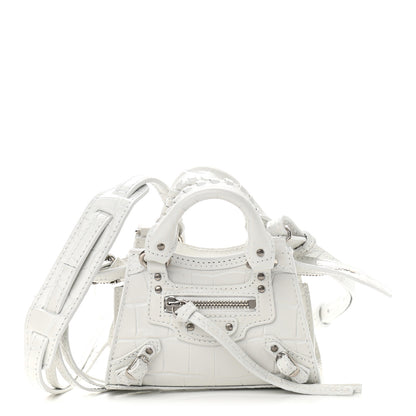 Balenciaga Extra Supple Calfskin Crocodile Embossed Neo Classic Silver Hardware Super Nano City Crossbody White 1 of 9