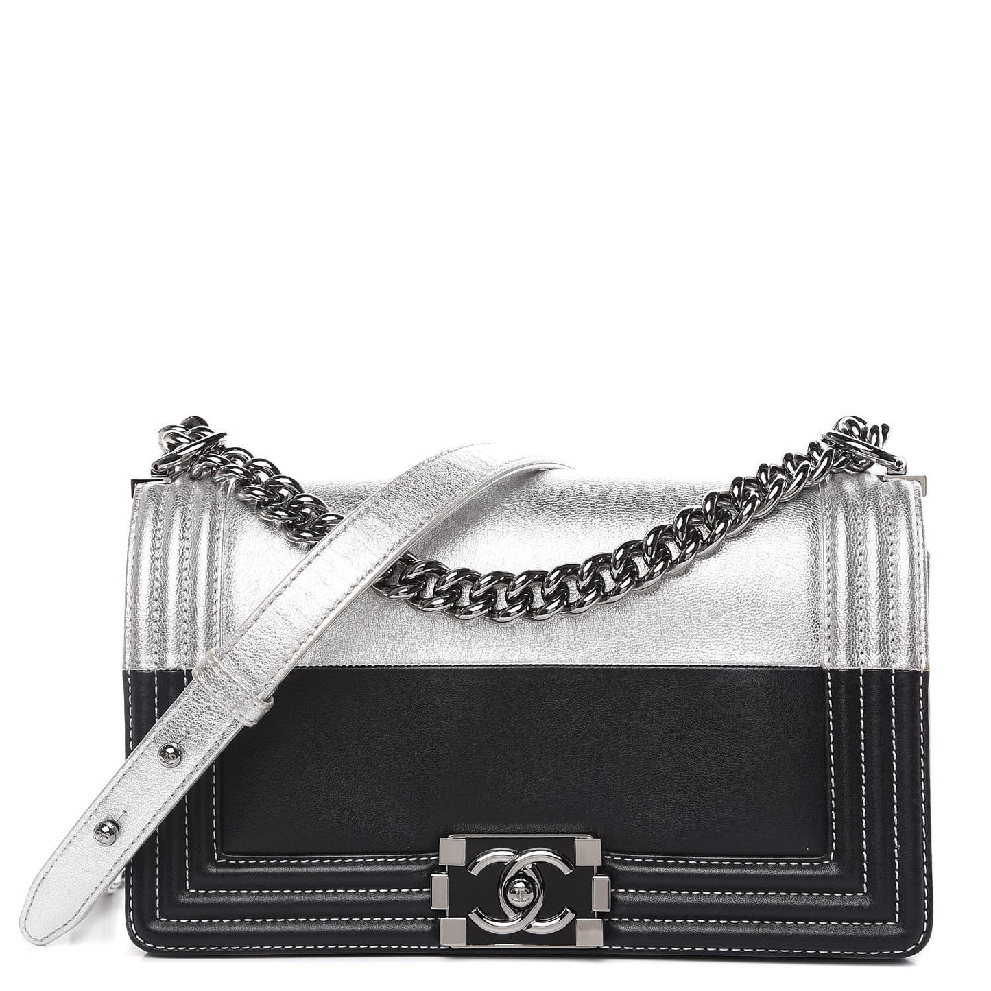 Metallic Goatskin Calfskin Medium Boy Flap Silver Black