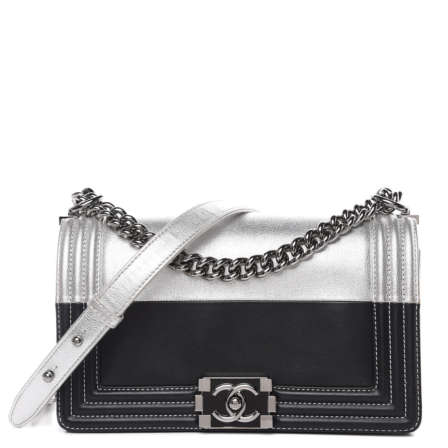 Chanel Metallic Goatskin Calfskin Medium Boy Flap Silver Black 1 of 15