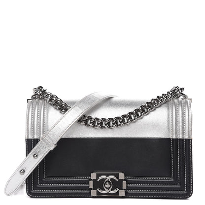 Chanel Metallic Goatskin Calfskin Medium Boy Flap Silver Black 1 of 15
