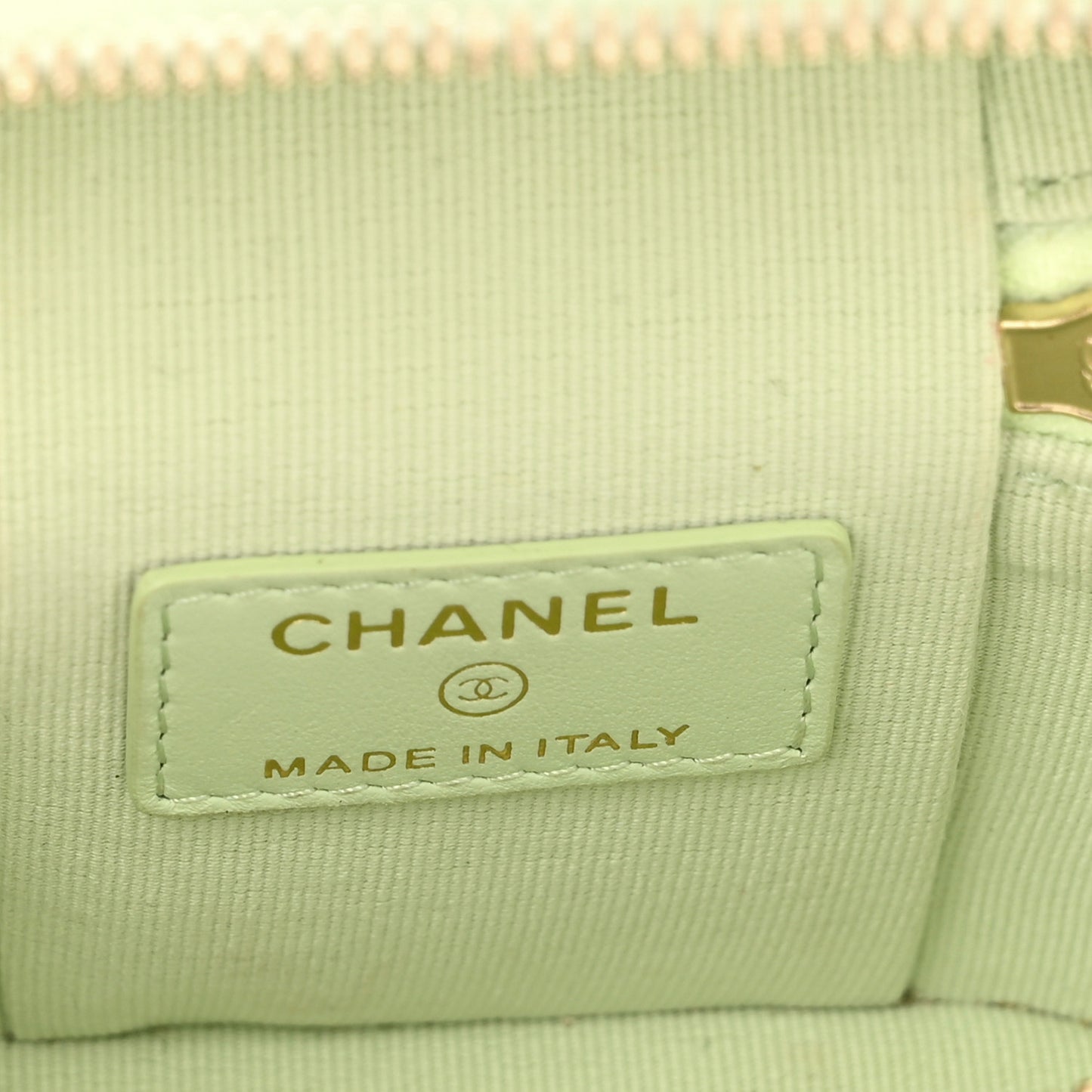 Caviar Quilted Small Handle With Care Vanity Case With Chain Light Green