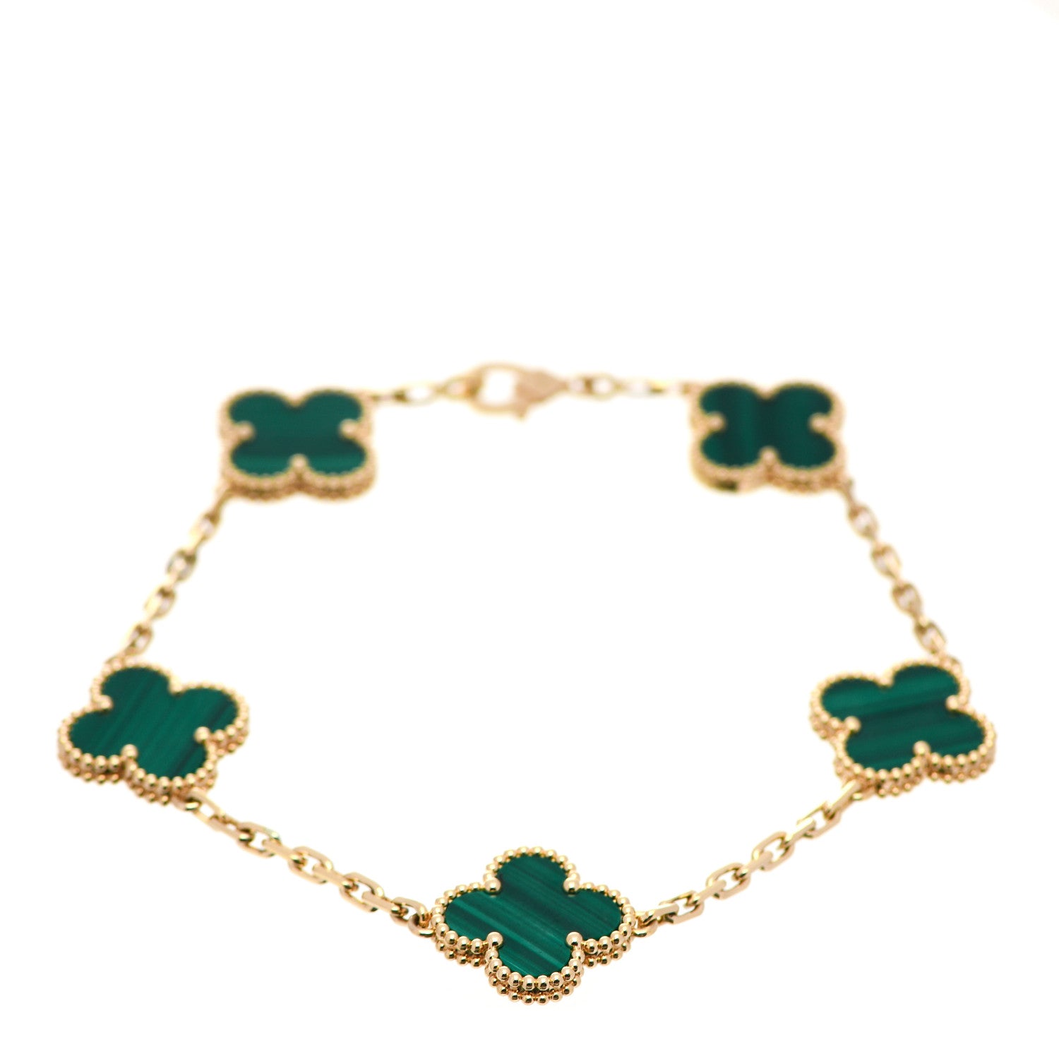 Van Cleef & Arpels 18K Yellow Gold Malachite 5 Motifs Vintage Alhambra Bracelet 1 of 8