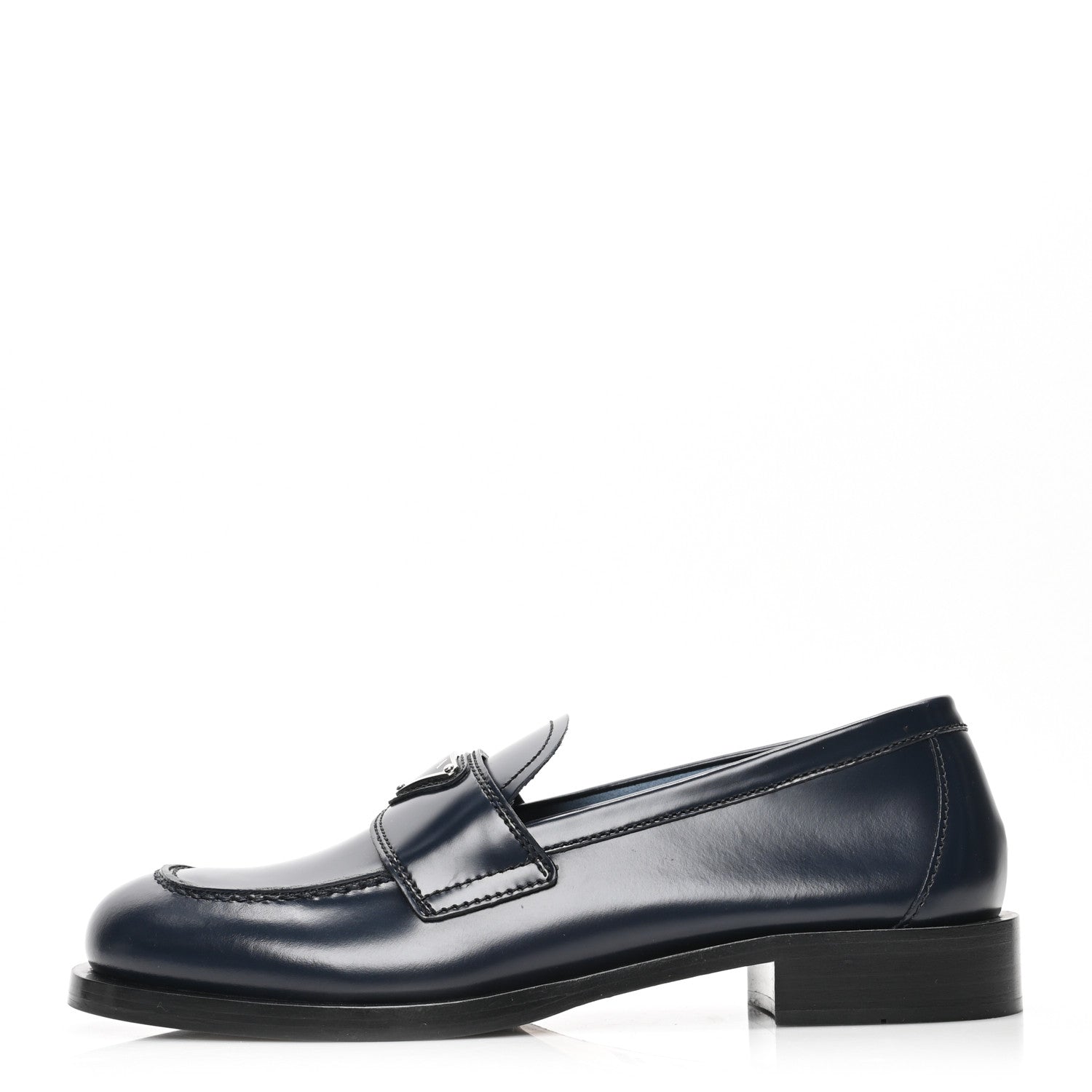 Prada Brushed Calfskin Metal Triangle Logo 20mm Loafers 38.5 Blue 1 of 8