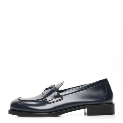 Prada Brushed Calfskin Metal Triangle Logo 20mm Loafers 38.5 Blue 1 of 8
