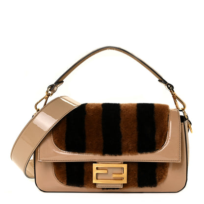 Fendi Shearling Vitello Vernice Mou Pequin Striped Baguette Tobacco Black Tortora 1 of 8